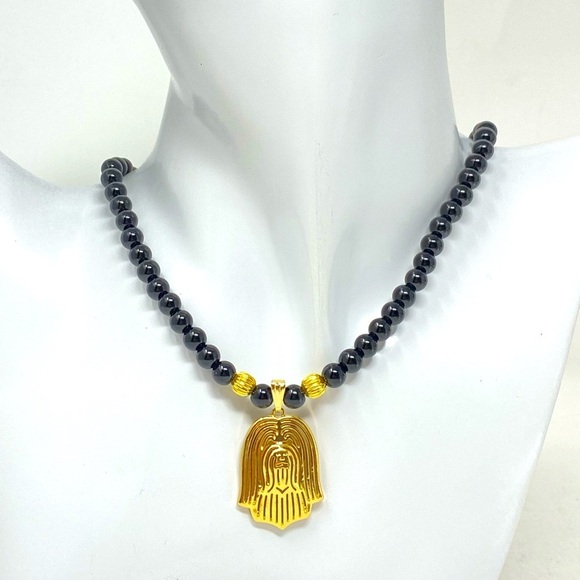 Havanese goldtone dog face necklace w/ black jasper 20.5” adjustable to 17.5” - Picture 2 of 5